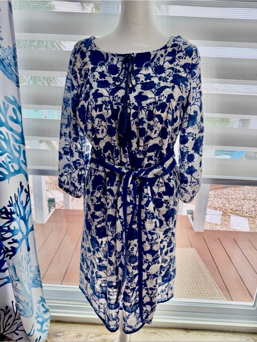 Studio Park Blue Floral Tie-Waist Women's Dress linen blend